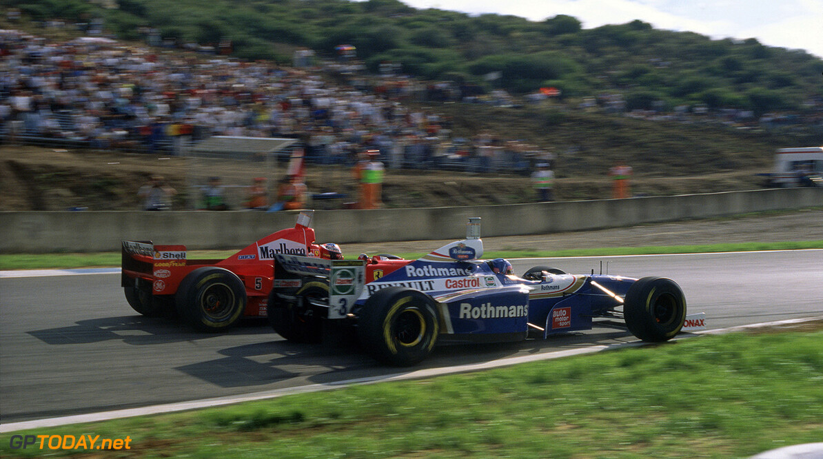 1997 European Grand Prix
Jerez, Spain. 24th - 26th October 1997.
Michael Schumacher (Ferrari) makes contact with Jacques Villeneuve (Williams FW19 Renault). Action.
Photo: LAT Photographic/Williams F1
ref: 35mm Transparency 97EUR01
