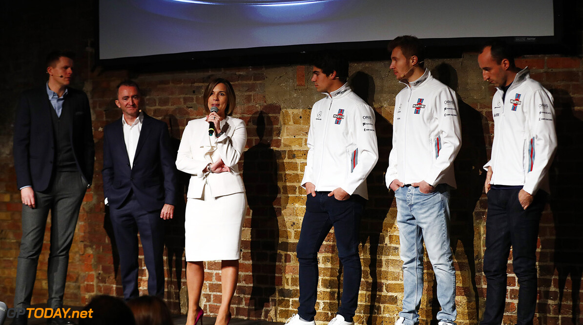 2018 Williams Season Launch.
Shoreditch, London, United Kingdom.
Thursday 15 February 2018.
Jake Humphrey, Paddy Lowe, Claire Williams Lance Stroll, Sergey Sirotkin and Robert Kubica on stage at the launch of the FW41
World Copyright: /Williams F1
ref: Digital Image _J6I6120