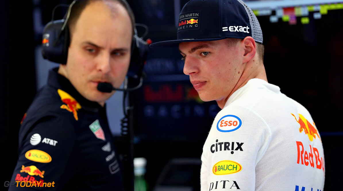 BAHRAIN, BAHRAIN - APRIL 06:  Max Verstappen of Netherlands and Red Bull Racing looks on in the garage during practice for the Bahrain Formula One Grand Prix at Bahrain International Circuit on April 6, 2018 in Bahrain, Bahrain.  (Photo by Lars Baron/Getty Images) // Getty Images / Red Bull Content Pool  // AP-1V9DBVY8D2111 // Usage for editorial use only // Please go to www.redbullcontentpool.com for further information. // 
F1 Grand Prix of Bahrain - Practice
Lars Baron
As Sakhir
Bahrain

AP-1V9DBVY8D2111