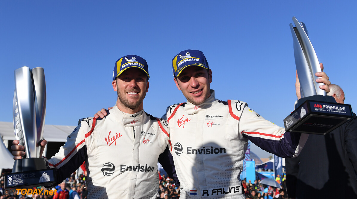 2018 Marrakesh E-prix
CIRCUIT INTERNATIONAL AUTOMOBILE MOULAY EL HASSAN, MOROCCO - JANUARY 12: Sam Bird (GBR), Envision Virgin Racing, 3rd position, and Robin Frijns (NLD), Envision Virgin Racing, 2nd position, with their trophies during the Marrakesh E-prix at Circuit International Automobile Moulay El Hassan on January 12, 2019 in Circuit International Automobile Moulay El Hassan, Morocco. (Photo by Sam Bagnall / LAT Images)
2018 Marrakesh E-prix
Sam Bagnall

Morocco

podium portrait electric fe