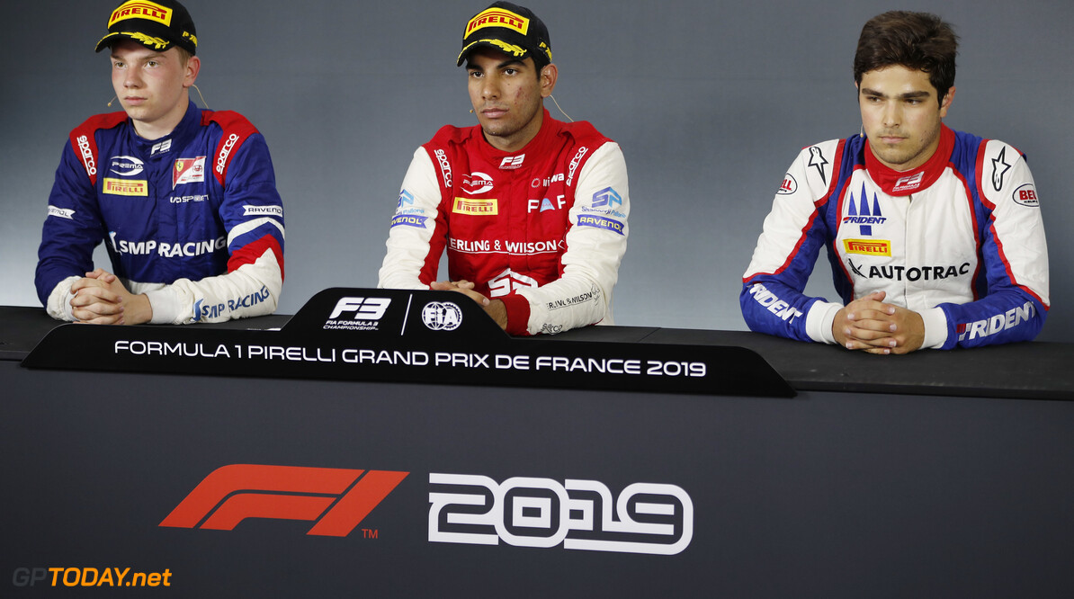 FIA Formula 3
CIRCUIT PAUL RICARD, FRANCE - JUNE 22: Robert Shwartzman (RUS) PREMA Racing,Jehan Daruvala (IND) PREMA Racing, and Pedro Piquet (BRA) Trident, in the press conference during the Paul Ricard at Circuit Paul Ricard on June 22, 2019 in Circuit Paul Ricard, France. (Photo by Zak Mauger / LAT Images / FIA F3 Championship)
FIA Formula 3
Zak Mauger

France

portrait media ts-live F3 Formula 3 FIA F3