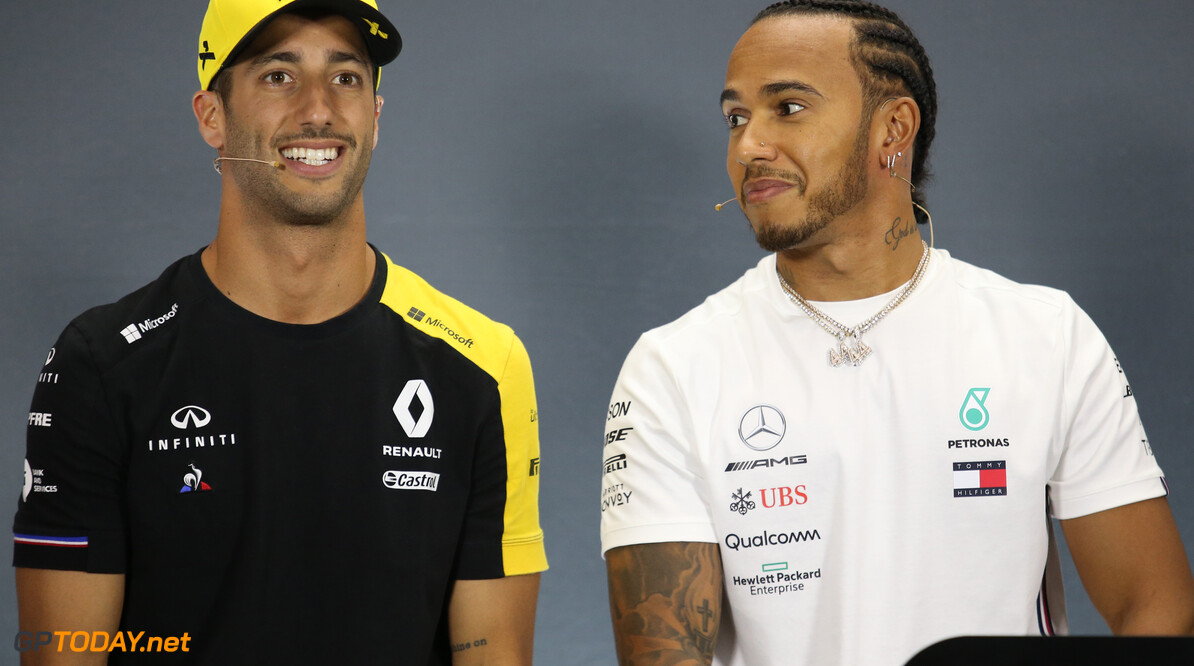 Formula One World Championship
Daniel Ricciardo (AUS), Renault F1 Team and Lewis Hamilton (GBR), Mercedes AMG F1  
11.07.2019. Formula 1 World Championship, Rd 10, British Grand Prix, Silverstone, England, Preparation Day.
- www.xpbimages.com, EMail: requests@xpbimages.com - copy of publication required for printed pictures. Every used picture is fee-liable. (C) Copyright: Charniaux / XPB Images
Motor Racing - Formula One World Championship - British Grand Prix - Preparation Day - Silverstone, England
XPB Images
Silverstone
England

Formel1 Formel F1 Formula 1 Formula1 GP Grand Prix one Thursday Portrait Circuit Silverstone England Britain British United Kingdom UK 11 07 7 2019