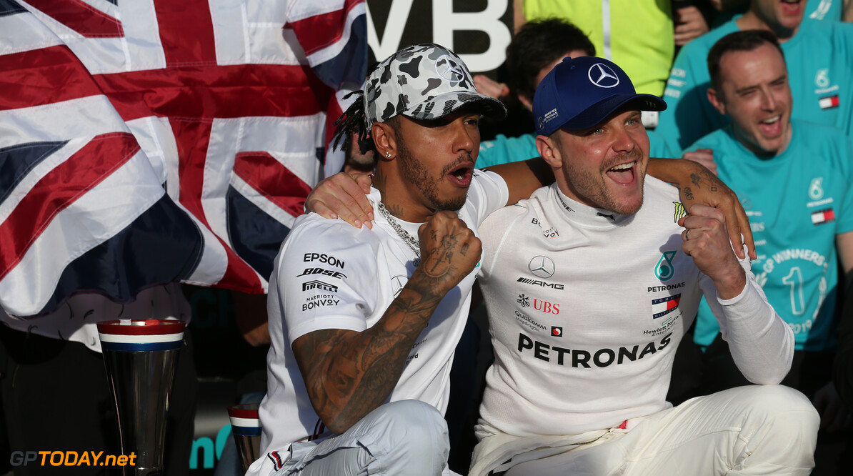 Formula One World Championship
2nd place Lewis Hamilton (GBR) Mercedes AMG F1 W10 and new world champion and Valtteri Bottas (FIN) Mercedes AMG F1 W10  celebrate with the team.
03.11.2019. Formula 1 World Championship, Rd 19, United States Grand Prix, Austin, Texas, USA, Race Day.
- www.xpbimages.com, EMail: requests@xpbimages.com (C) Copyright: Batchelor / XPB Images
Motor Racing - Formula One World Championship - United States Grand Prix - Race Day - Austin, USA
XPB Images
Austin
USA

Formel1 Formel F1 Formula 1 Formula1 GP Grand Prix one Circuit of The Americas November COTA Texas USA United States of America Sunday 03 3 11 2019 Podium Portrait