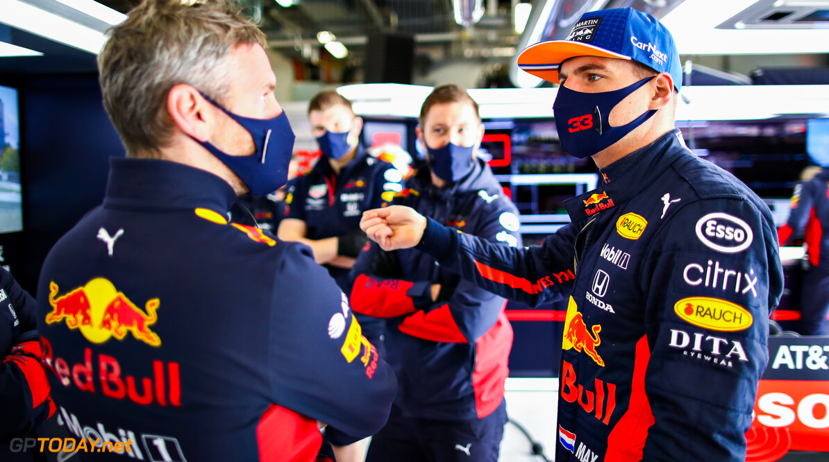 NUERBURG, GERMANY - OCTOBER 10: Max Verstappen of Netherlands and Red Bull Racing talks with a member of the Red Bull Racing team in the garage during final practice ahead of the F1 Eifel Grand Prix at Nuerburgring on October 10, 2020 in Nuerburg, Germany. (Photo by Mark Thompson/Getty Images) // Getty Images / Red Bull Content Pool  // SI202010100044 // Usage for editorial use only // 
F1 Eifel Grand Prix - Final Practice




SI202010100044