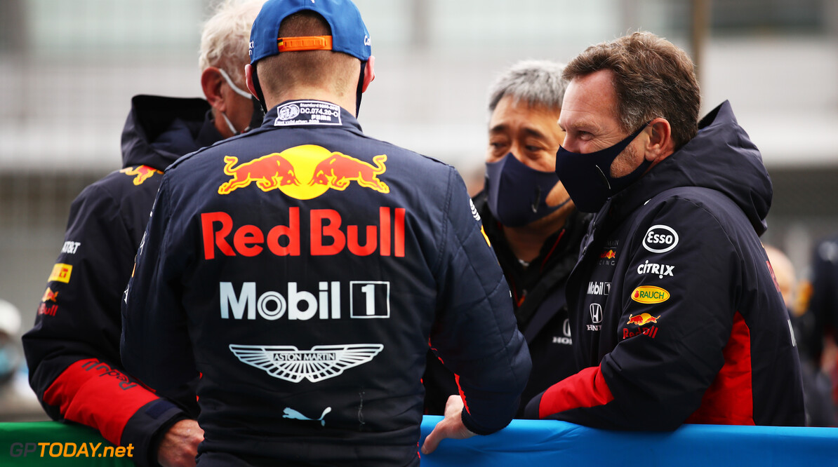 NUERBURG, GERMANY - OCTOBER 11: Second placed Max Verstappen of Netherlands and Red Bull Racing speaks with Red Bull Racing Team Principal Christian Horner in parc ferme during the F1 Eifel Grand Prix at Nuerburgring on October 11, 2020 in Nuerburg, Germany. (Photo by Bryn Lennon/Getty Images) // Getty Images / Red Bull Content Pool  // SI202010110432 // Usage for editorial use only // 
F1 Eifel Grand Prix




SI202010110432