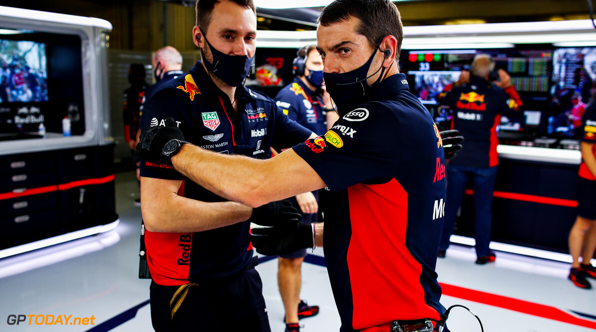 PORTIMAO, PORTUGAL - OCTOBER 24: The Red Bull Racing team celebrate the third place qualifying of Max Verstappen of Netherlands and Red Bull Racing in the garage during qualifying ahead of the F1 Grand Prix of Portugal at Autodromo Internacional do Algarve on October 24, 2020 in Portimao, Portugal. (Photo by Mark Thompson/Getty Images) // Getty Images / Red Bull Content Pool  // SI202010240302 // Usage for editorial use only // 
F1 Grand Prix of Portugal - Qualifying




SI202010240302