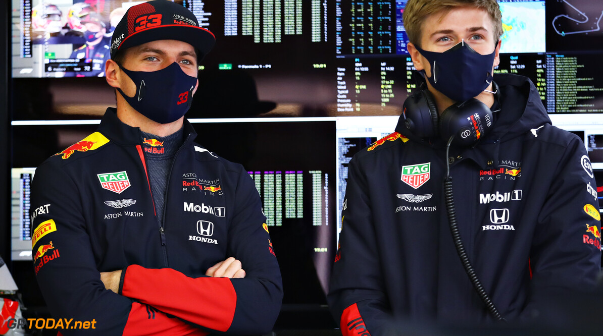 ISTANBUL, TURKEY - NOVEMBER 14: Max Verstappen of Netherlands and Red Bull Racing and Juri Vips of Estonia and Red Bull Racing look on in the garage during final practice ahead of the F1 Grand Prix of Turkey at Intercity Istanbul Park on November 14, 2020 in Istanbul, Turkey. (Photo by Bryn Lennon/Getty Images) // Getty Images / Red Bull Content Pool  // SI202011140104 // Usage for editorial use only // 
F1 Grand Prix of Turkey - Final Practice




SI202011140104
