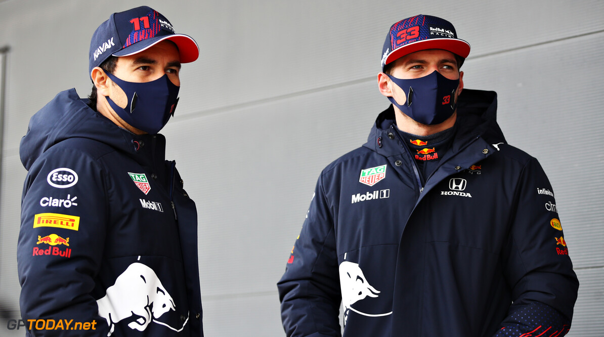 NORTHAMPTON, ENGLAND - FEBRUARY 24: Max Verstappen of Netherlands and Red Bull Racing and Sergio Perez of Mexico and Red Bull Racing talk in the Pitlane during the Red Bull Racing Filming Day at Silverstone on February 24, 2021 in Northampton, England. (Photo by Mark Thompson/Getty Images for Red Bull Racing) // Getty Images / Red Bull Content Pool  // SI202102240201 // Usage for editorial use only // 
Max Verstappen and Sergio P?? 1/2 rez




SI202102240201