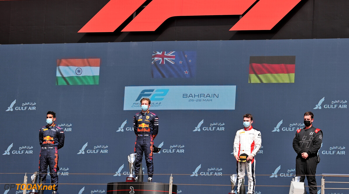 FIA Formula 2 Championship
The podium (L to R): Jehan Daruvala (IND) Carlin, second; Liam Lawson (NZL) Hitech, race winner; David Beckmann (GER) Charouz Racing System, third.

27.03.2021. FIA Formula 2 Championship, Rd 1, Sprint Race 1, Sakhir, Bahrain, Saturday.

- www.xpbimages.com, EMail: requests@xpbimages.com Copyright: XPB Images
Motor Racing - FIA Formula 2 Championship - Saturday - Sakhir, Bahrain
xpbimages.com
Sahkir
Bahrain

F2 Bahrain International Circuit Bahrain Manama Sakhir Saturday Formula 2 Formula Two March 27 03 3 2021 Portrait Winner  Victor Victory First Position First Place