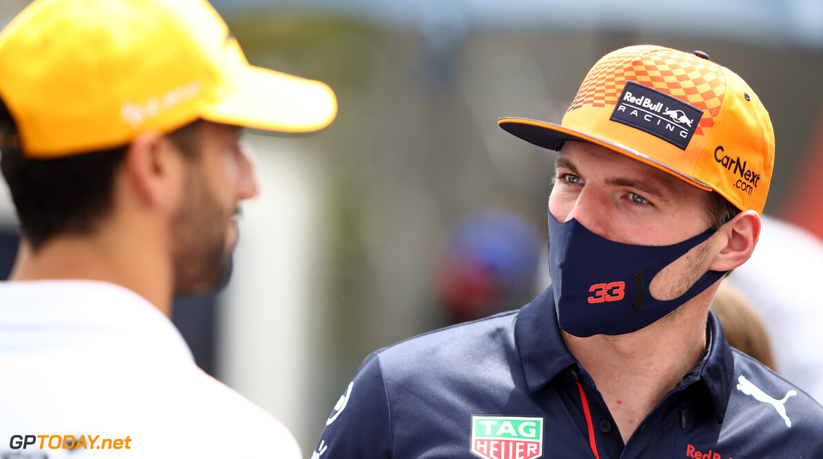 LE CASTELLET, FRANCE - JUNE 17: Max Verstappen of Netherlands and Red Bull Racing talks with Daniel Ricciardo of Australia and McLaren F1 in the Paddock during previews ahead of the F1 Grand Prix of France at Circuit Paul Ricard on June 17, 2021 in Le Castellet, France. (Photo by Mark Thompson/Getty Images) // Getty Images / Red Bull Content Pool  // SI202106170614 // Usage for editorial use only // 
F1 Grand Prix of France - Previews




SI202106170614