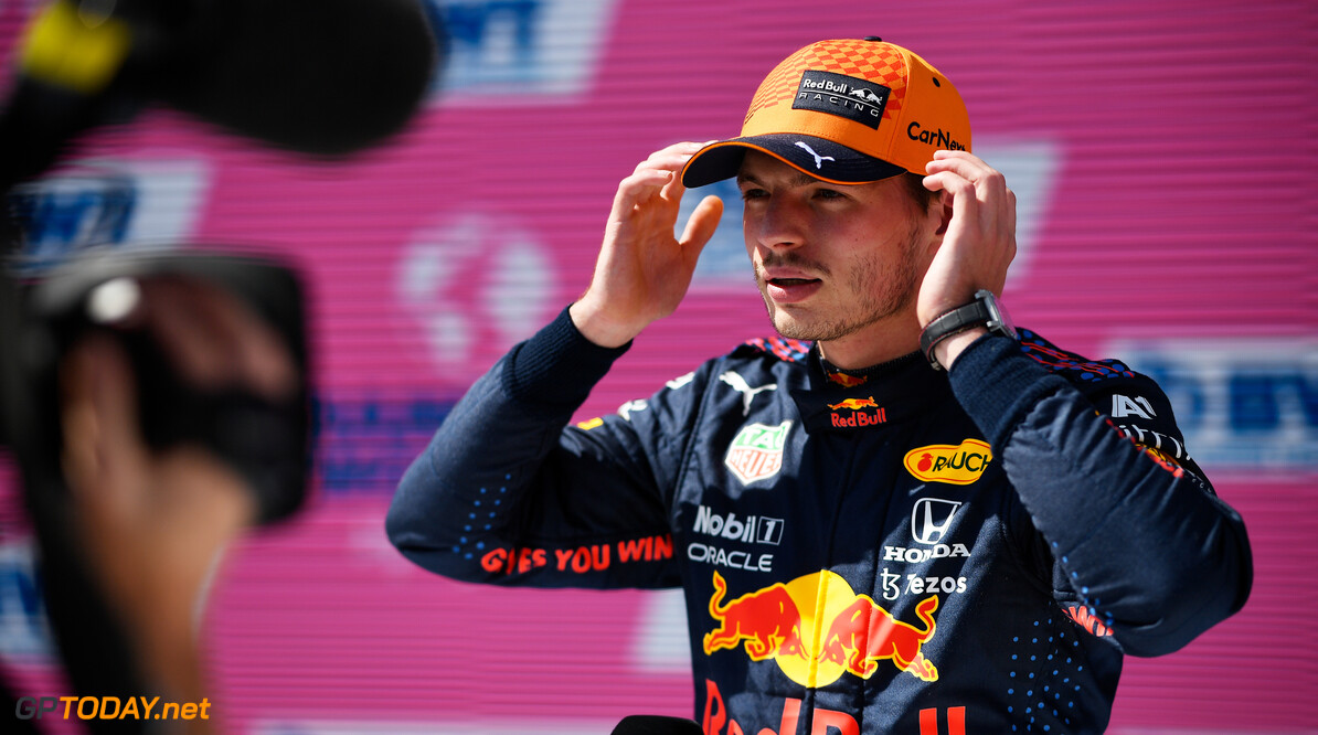 SPIELBERG, AUSTRIA - JULY 03: Pole position qualifier Max Verstappen of Netherlands and Red Bull Racing talks to the media in parc ferme during qualifying ahead of the F1 Grand Prix of Austria at Red Bull Ring on July 03, 2021 in Spielberg, Austria. (Photo by Christian Bruna - Pool/Getty Images) // Getty Images / Red Bull Content Pool  // SI202107030329 // Usage for editorial use only // 
F1 Grand Prix of Austria - Qualifying




SI202107030329