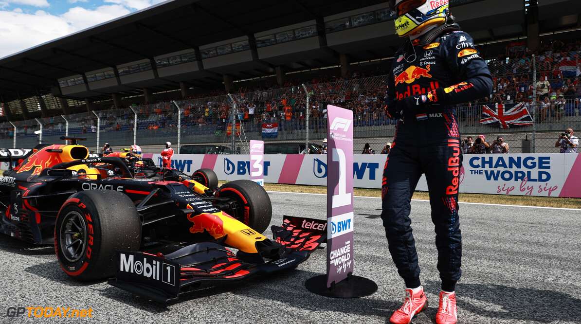 SPIELBERG, AUSTRIA - JULY 03: Pole position qualifier Max Verstappen of Netherlands and Red Bull Racing stops in parc ferme during qualifying ahead of the F1 Grand Prix of Austria at Red Bull Ring on July 03, 2021 in Spielberg, Austria. (Photo by Mark Thompson/Getty Images) // Getty Images / Red Bull Content Pool  // SI202107030328 // Usage for editorial use only // 
F1 Grand Prix of Austria - Qualifying




SI202107030328