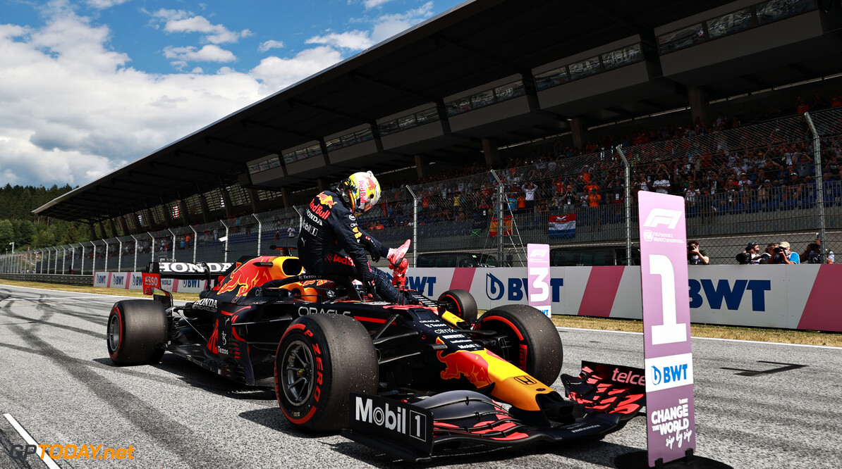 SPIELBERG, AUSTRIA - JULY 03: Pole position qualifier Max Verstappen of Netherlands and Red Bull Racing stops in parc ferme during qualifying ahead of the F1 Grand Prix of Austria at Red Bull Ring on July 03, 2021 in Spielberg, Austria. (Photo by Mark Thompson/Getty Images) // Getty Images / Red Bull Content Pool  // SI202107030331 // Usage for editorial use only // 
F1 Grand Prix of Austria - Qualifying




SI202107030331