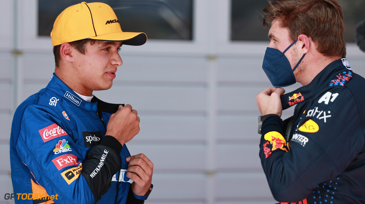 SPIELBERG, AUSTRIA - JULY 03: Pole position qualifier Max Verstappen of Netherlands and Red Bull Racing and second place qualifier Lando Norris of Great Britain and McLaren F1 talk in parc ferme during qualifying ahead of the F1 Grand Prix of Austria at Red Bull Ring on July 03, 2021 in Spielberg, Austria. (Photo by Mark Thompson/Getty Images) // Getty Images / Red Bull Content Pool  // SI202107030479 // Usage for editorial use only // 
F1 Grand Prix of Austria - Qualifying




SI202107030479