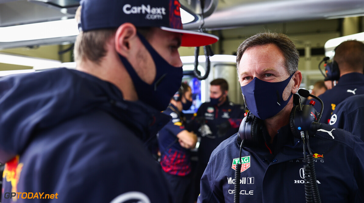 ISTANBUL, TURKEY - OCTOBER 09: Max Verstappen of Netherlands and Red Bull Racing and Red Bull Racing Team Principal Christian Horner look on in the garage during final practice ahead of the F1 Grand Prix of Turkey at Intercity Istanbul Park on October 09, 2021 in Istanbul, Turkey. (Photo by Mark Thompson/Getty Images) // Getty Images / Red Bull Content Pool  // SI202110090157 // Usage for editorial use only // 
F1 Grand Prix of Turkey - Final Practice




SI202110090157