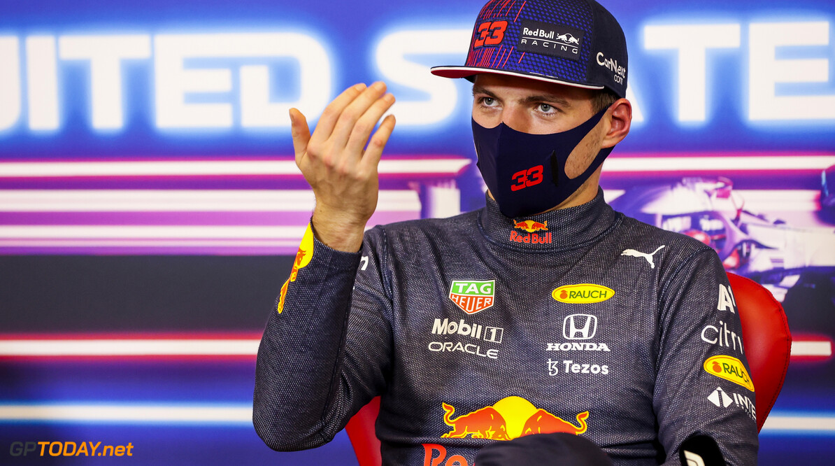 AUSTIN, TEXAS - OCTOBER 23: Pole position qualifier Max Verstappen of Netherlands and Red Bull Racing talks in the press conference after qualifying ahead of the F1 Grand Prix of USA at Circuit of The Americas on October 23, 2021 in Austin, Texas. (Photo by Antonin Vincent - Pool/Getty Images) // Getty Images / Red Bull Content Pool  // SI202110240144 // Usage for editorial use only // 
F1 Grand Prix of USA - Qualifying




SI202110240144