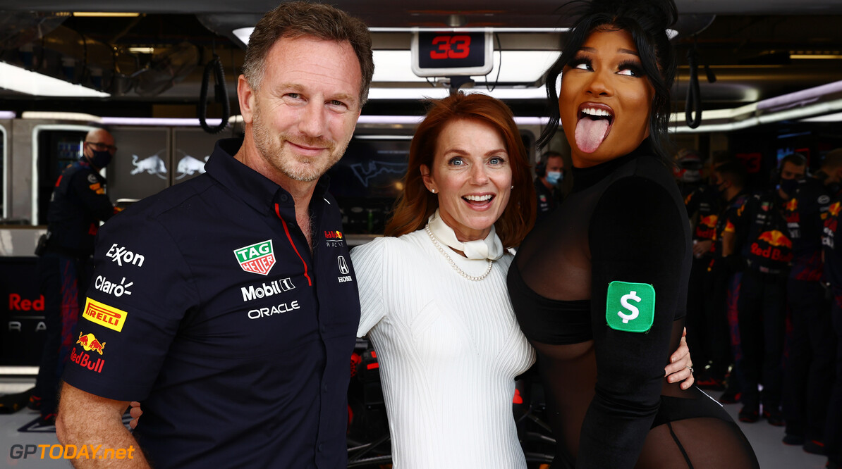 AUSTIN, TEXAS - OCTOBER 24: Megan Thee Stallion poses for a photo with Red Bull Racing Team Principal Christian Horner and Geri Horner before the F1 Grand Prix of USA at Circuit of The Americas on October 24, 2021 in Austin, Texas. (Photo by Mark Thompson/Getty Images) // Getty Images / Red Bull Content Pool  // SI202110240601 // Usage for editorial use only // 
F1 Grand Prix of USA




SI202110240601