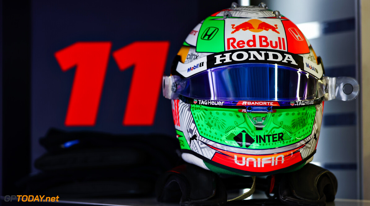 MEXICO CITY, MEXICO - NOVEMBER 05: The race helmet of Sergio Perez of Mexico and Red Bull Racing is pictured in the garage before practice ahead of the F1 Grand Prix of Mexico at Autodromo Hermanos Rodriguez on November 05, 2021 in Mexico City, Mexico. (Photo by Mark Thompson/Getty Images) // Getty Images / Red Bull Content Pool  // SI202111050555 // Usage for editorial use only // 
F1 Grand Prix of Mexico - Practice




SI202111050555