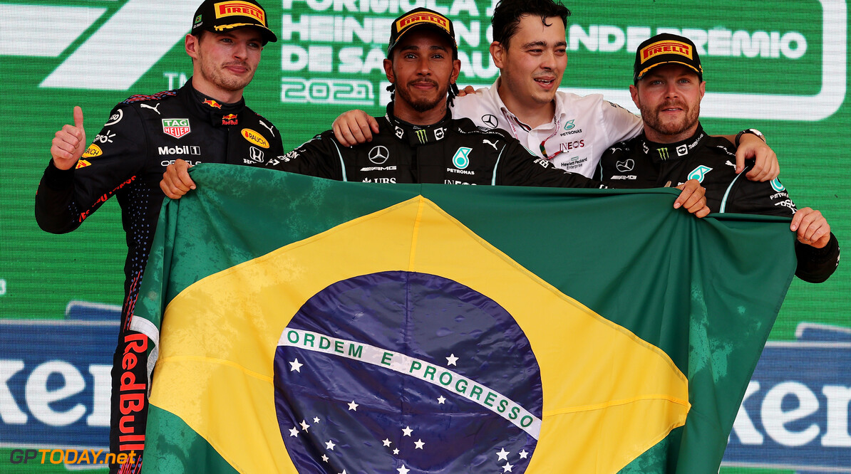 Formula One World Championship
1st place Lewis Hamilton (GBR) Mercedes AMG F1 W12, 2nd place Max Verstappen (NLD) Red Bull Racing RB16B and 3rd place Valtteri Bottas (FIN) Mercedes AMG F1.
14.11.2021. Formula 1 World Championship, Rd 19, Brazilian Grand Prix, Sao Paulo, Brazil, Race Day.
- www.xpbimages.com, EMail: requests@xpbimages.com (C) Copyright: Batchelor / XPB Images
Motor Racing - Formula One World Championship - Brazilian Grand Prix - Race Day - Sao Paulo, Brazil
XPB Images
Sao Paulo
Brazil

Formel1 Formel F1 Formula 1 Formula1 GP Grand Prix one November Brazil Brasil Brazilian Brasilian Sao Paulo Interlagos Autodromo Sunday 14 11 2021 Podium Portrait