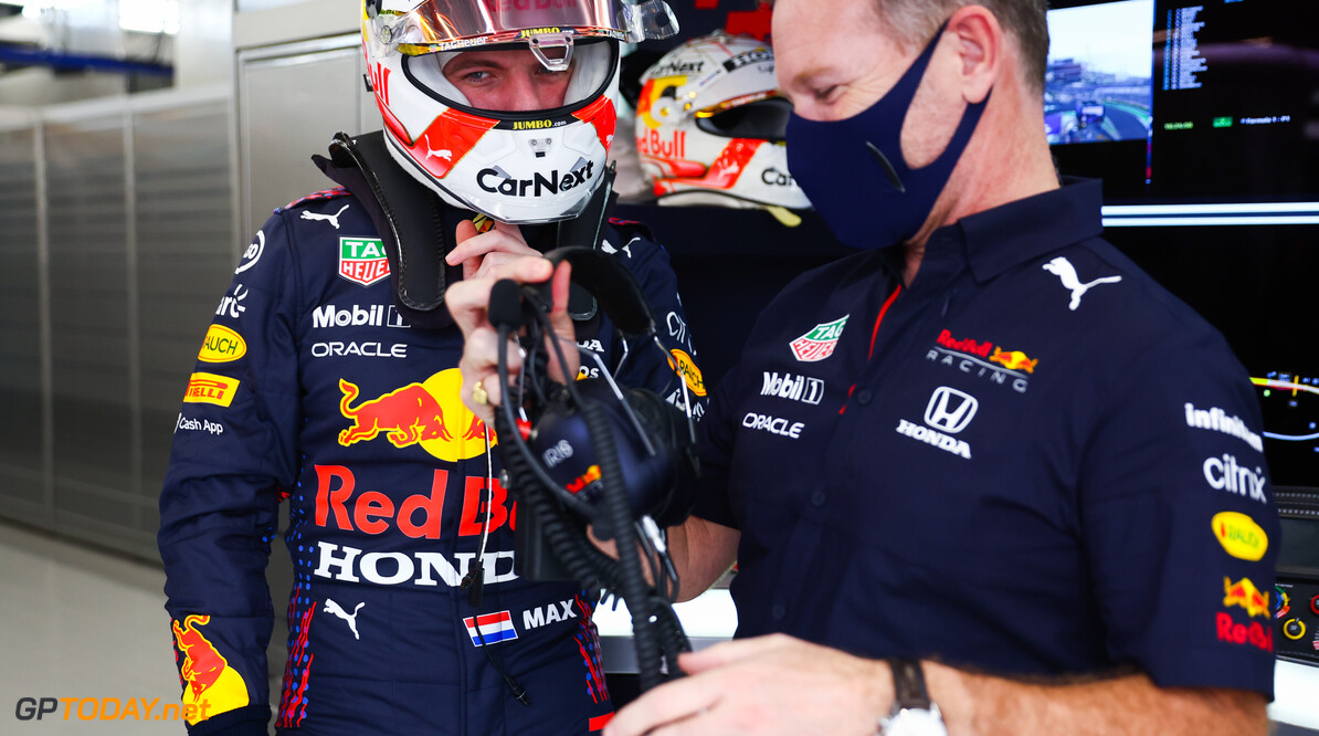 JEDDAH, SAUDI ARABIA - DECEMBER 03: Max Verstappen of Netherlands and Red Bull Racing and Red Bull Racing Team Principal Christian Horner talk in the garage during practice ahead of the F1 Grand Prix of Saudi Arabia at Jeddah Corniche Circuit on December 03, 2021 in Jeddah, Saudi Arabia. (Photo by Mark Thompson/Getty Images) // Getty Images / Red Bull Content Pool  // SI202112030470 // Usage for editorial use only // 
F1 Grand Prix of Saudi Arabia - Practice




SI202112030470
