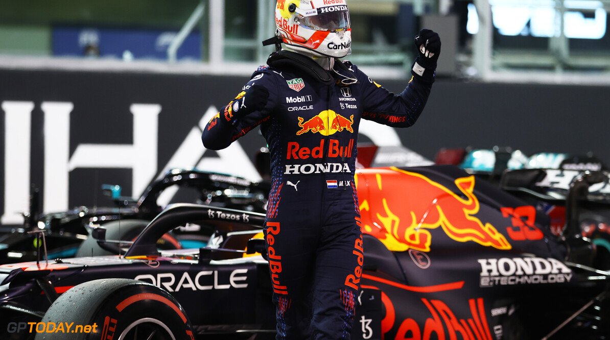 ABU DHABI, UNITED ARAB EMIRATES - DECEMBER 11: Pole position qualifier Max Verstappen of Netherlands and Red Bull Racing celebrates in parc ferme  during qualifying ahead of the F1 Grand Prix of Abu Dhabi at Yas Marina Circuit on December 11, 2021 in Abu Dhabi, United Arab Emirates. (Photo by Bryn Lennon/Getty Images) // Getty Images / Red Bull Content Pool  // SI202112110242 // Usage for editorial use only // 
F1 Grand Prix of Abu Dhabi - Qualifying




SI202112110242