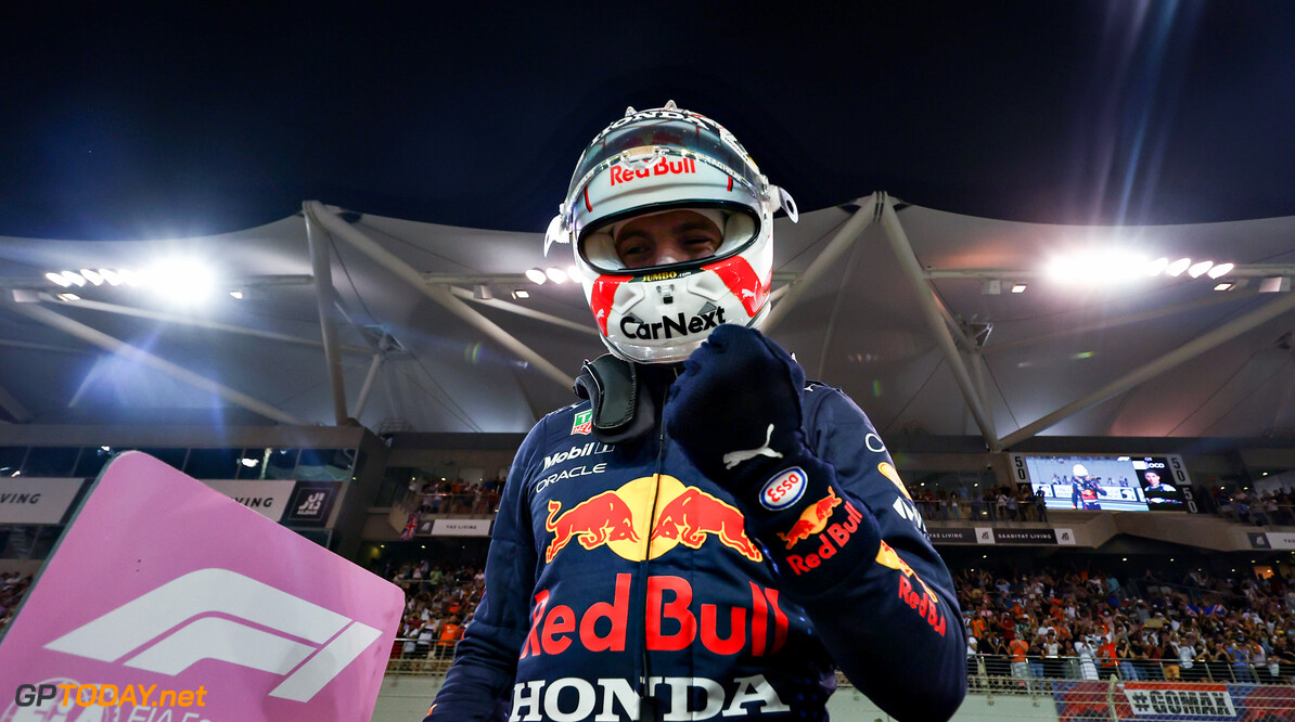 ABU DHABI, UNITED ARAB EMIRATES - DECEMBER 11: Pole position qualifier Max Verstappen of Netherlands and Red Bull Racing celebrates in parc ferme  during qualifying ahead of the F1 Grand Prix of Abu Dhabi at Yas Marina Circuit on December 11, 2021 in Abu Dhabi, United Arab Emirates. (Photo by Mark Thompson/Getty Images) // Getty Images / Red Bull Content Pool  // SI202112110238 // Usage for editorial use only // 
F1 Grand Prix of Abu Dhabi - Qualifying




SI202112110238