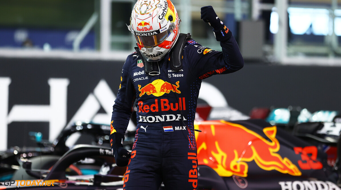 ABU DHABI, UNITED ARAB EMIRATES - DECEMBER 11: Pole position qualifier Max Verstappen of Netherlands and Red Bull Racing celebrates in parc ferme  during qualifying ahead of the F1 Grand Prix of Abu Dhabi at Yas Marina Circuit on December 11, 2021 in Abu Dhabi, United Arab Emirates. (Photo by Bryn Lennon/Getty Images) // Getty Images / Red Bull Content Pool  // SI202112110240 // Usage for editorial use only // 
F1 Grand Prix of Abu Dhabi - Qualifying




SI202112110240