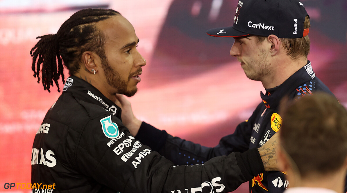ABU DHABI, UNITED ARAB EMIRATES - DECEMBER 12: Race winner and 2021 F1 World Drivers Champion Max Verstappen of Netherlands and Red Bull Racing is congratulated by runner up in the race and championship Lewis Hamilton of Great Britain and Mercedes GP during the F1 Grand Prix of Abu Dhabi at Yas Marina Circuit on December 12, 2021 in Abu Dhabi, United Arab Emirates. (Photo by Lars Baron/Getty Images) // Getty Images / Red Bull Content Pool  // SI202112120260 // Usage for editorial use only // 
F1 Grand Prix of Abu Dhabi




SI202112120260