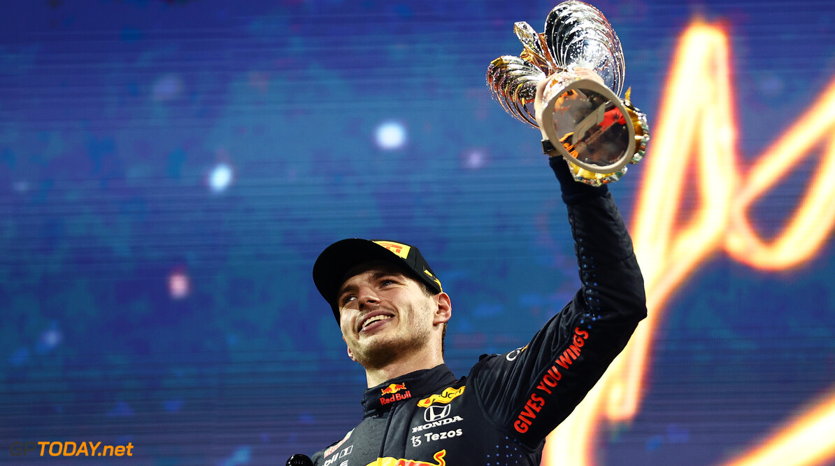 ABU DHABI, UNITED ARAB EMIRATES - DECEMBER 12: Race winner and 2021 F1 World Drivers Champion Max Verstappen of Netherlands and Red Bull Racing celebrates on the podium during the F1 Grand Prix of Abu Dhabi at Yas Marina Circuit on December 12, 2021 in Abu Dhabi, United Arab Emirates. (Photo by Mark Thompson/Getty Images) // Getty Images / Red Bull Content Pool  // SI202112120280 // Usage for editorial use only // 
F1 Grand Prix of Abu Dhabi




SI202112120280