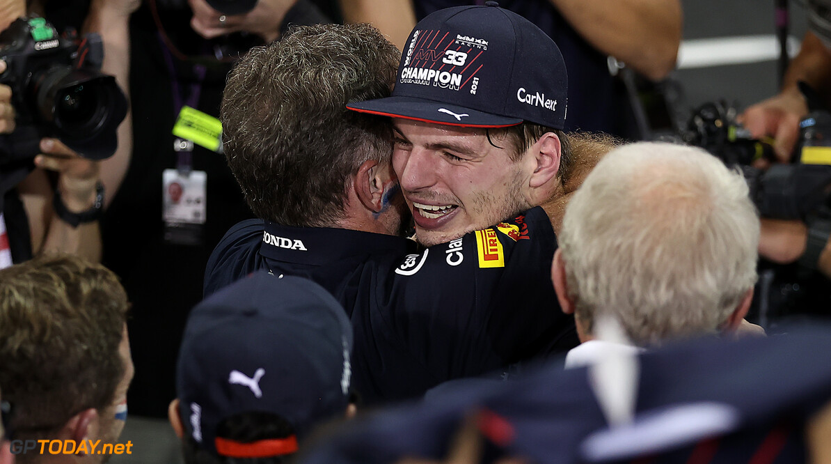 ABU DHABI, UNITED ARAB EMIRATES - DECEMBER 12: Race winner and 2021 F1 World Drivers Champion Max Verstappen of Netherlands and Red Bull Racing celebrates with Red Bull Racing Team Principal Christian Horner in parc ferme during the F1 Grand Prix of Abu Dhabi at Yas Marina Circuit on December 12, 2021 in Abu Dhabi, United Arab Emirates. (Photo by Lars Baron/Getty Images) // Getty Images / Red Bull Content Pool  // SI202112120275 // Usage for editorial use only // 
F1 Grand Prix of Abu Dhabi




SI202112120275