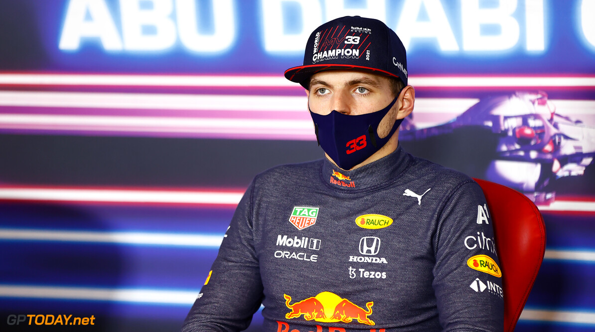 ABU DHABI, UNITED ARAB EMIRATES - DECEMBER 12: Race winner and 2021 F1 World Drivers Champion Max Verstappen of Netherlands and Red Bull Racing talks in a press conference after the F1 Grand Prix of Abu Dhabi at Yas Marina Circuit on December 12, 2021 in Abu Dhabi, United Arab Emirates. (Photo by Andy Hone - Pool/Getty Images) // Getty Images / Red Bull Content Pool  // SI202112120669 // Usage for editorial use only // 
F1 Grand Prix of Abu Dhabi




SI202112120669