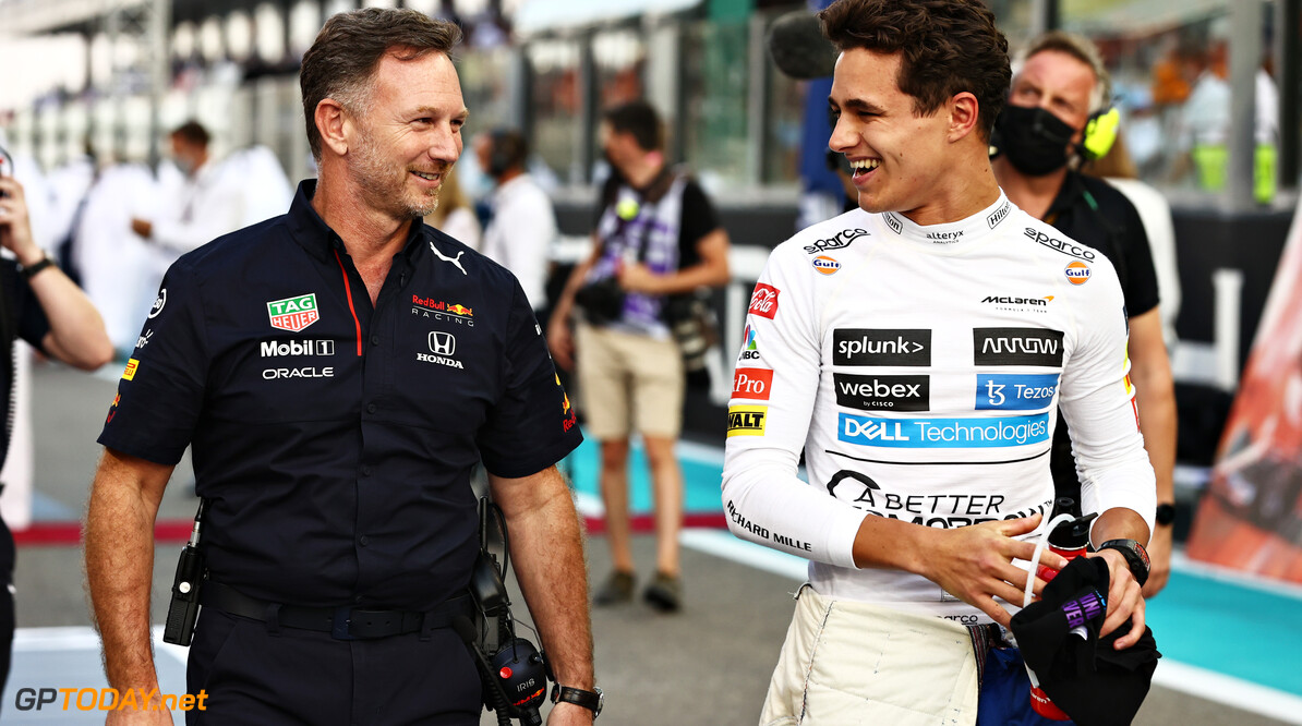 ABU DHABI, UNITED ARAB EMIRATES - DECEMBER 12: Red Bull Racing Team Principal Christian Horner and Lando Norris of Great Britain and McLaren F1 talk on the grid before the F1 Grand Prix of Abu Dhabi at Yas Marina Circuit on December 12, 2021 in Abu Dhabi, United Arab Emirates. (Photo by Mark Thompson/Getty Images) // Getty Images / Red Bull Content Pool  // SI202112130389 // Usage for editorial use only // 
F1 Grand Prix of Abu Dhabi




SI202112130389
