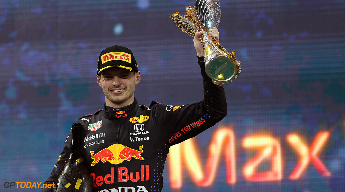 ABU DHABI, UNITED ARAB EMIRATES - DECEMBER 12: Race winner and 2021 F1 World Drivers Champion Max Verstappen of Netherlands and Red Bull Racing celebrates on the podium during the F1 Grand Prix of Abu Dhabi at Yas Marina Circuit on December 12, 2021 in Abu Dhabi, United Arab Emirates. (Photo by Kamran Jebreili - Pool/Getty Images) *** BESTPIX *** // Getty Images / Red Bull Content Pool  // SI202112120678 // Usage for editorial use only // 
*** BESTPIX *** F1 Grand Prix of Abu Dhabi




SI202112120678