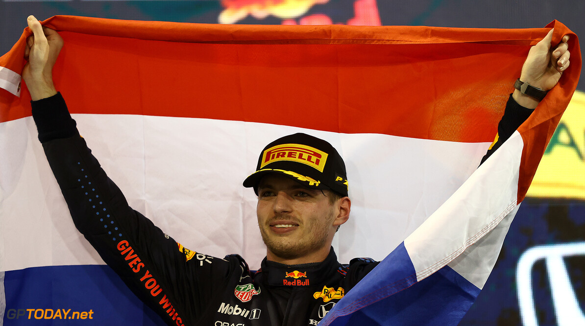 ABU DHABI, UNITED ARAB EMIRATES - DECEMBER 12: Race winner and 2021 F1 World Drivers Champion Max Verstappen of Netherlands and Red Bull Racing celebrates on the podium during the F1 Grand Prix of Abu Dhabi at Yas Marina Circuit on December 12, 2021 in Abu Dhabi, United Arab Emirates. (Photo by Bryn Lennon/Getty Images) // Getty Images / Red Bull Content Pool  // SI202112120595 // Usage for editorial use only // 
F1 Grand Prix of Abu Dhabi




SI202112120595