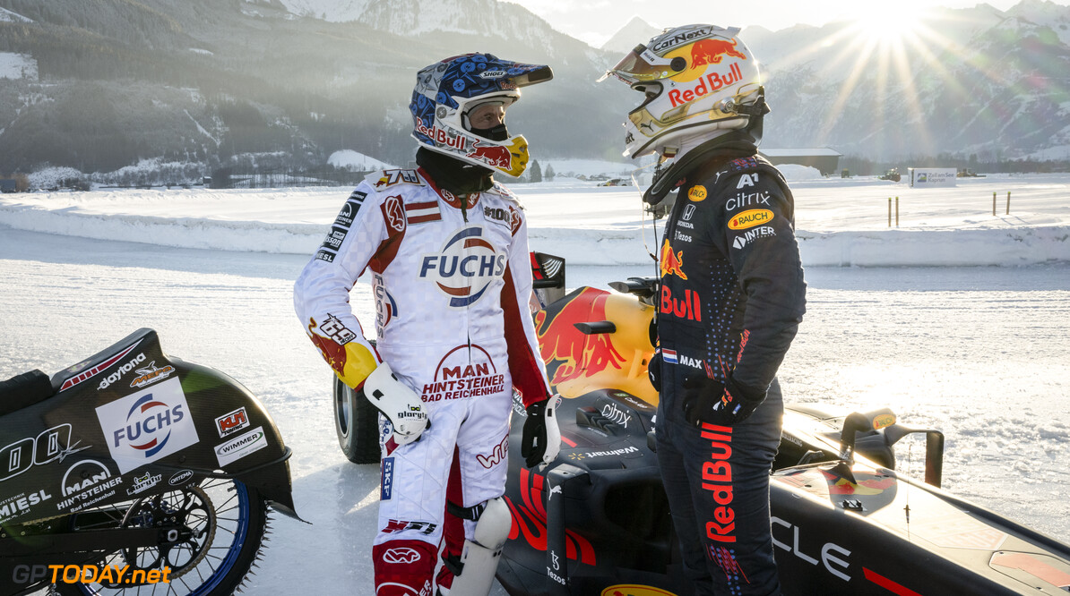 Max Verstappen of the Netherlands an Franz Zorn of Austria seen during the GP Ice Race in Zell am See, Austria on January 24, 2022. // SI202202020321 // Usage for editorial use only // 
Max Verstappen, Franz Zorn




SI202202020321