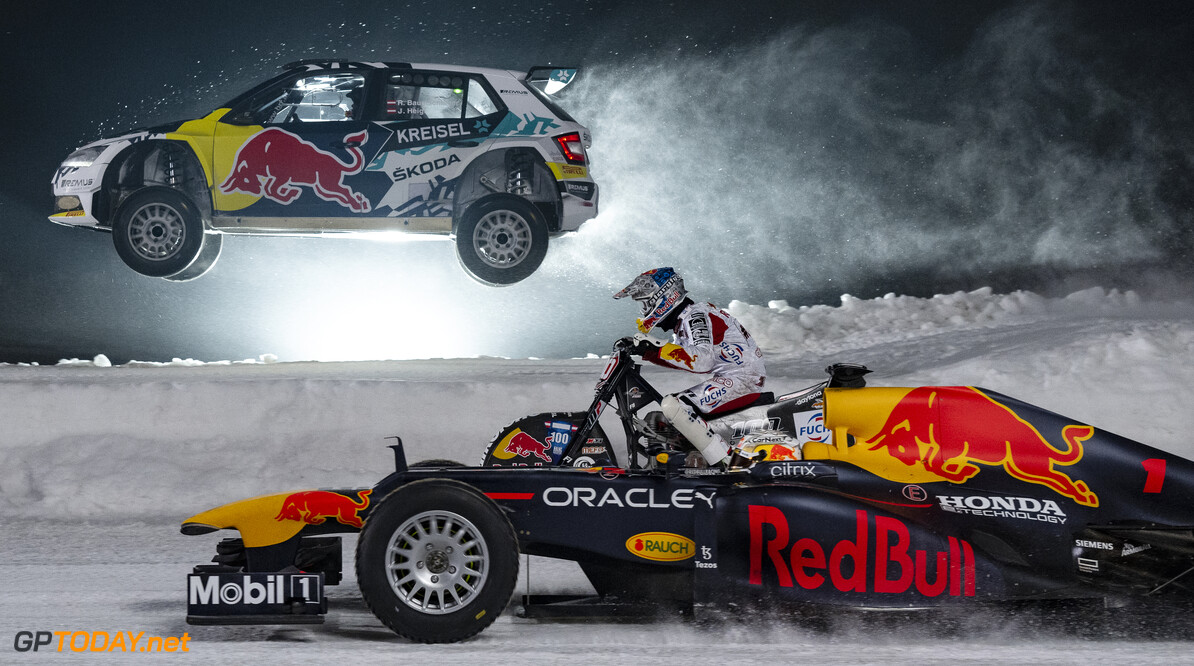 Max Verstappen of the Netherlands in the RB 8, Franz Zorn of Austria on an ice racing bike and Raimund Baumschlager of Austria in the Skoda Fabia EVO RE-1 perform during the GP Ice Race in Zell am See, Austria on January 24, 2022. // SI202202020341 // Usage for editorial use only // 
Max Verstappen, Franz Zorn, Raimund Baumschlager




SI202202020341
