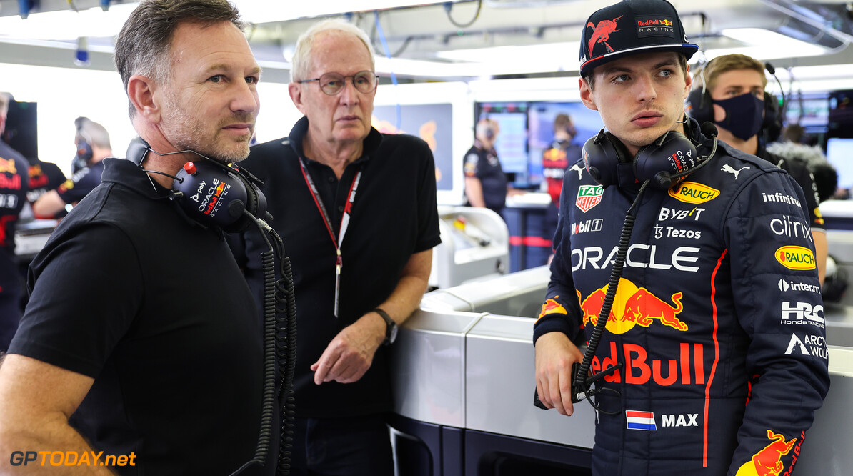 BAHRAIN, BAHRAIN - MARCH 10: Red Bull Racing Team Principal Christian Horner, Red Bull Racing Team Consultant Dr Helmut Marko and Max Verstappen of the Netherlands and Oracle Red Bull Racing talk in the garage during Day One of F1 Testing at Bahrain International Circuit on March 10, 2022 in Bahrain, Bahrain. (Photo by Mark Thompson/Getty Images) // Getty Images / Red Bull Content Pool // SI202203100700 // Usage for editorial use only // 
Formula 1 Testing in Bahrain - Day 1




SI202203100700