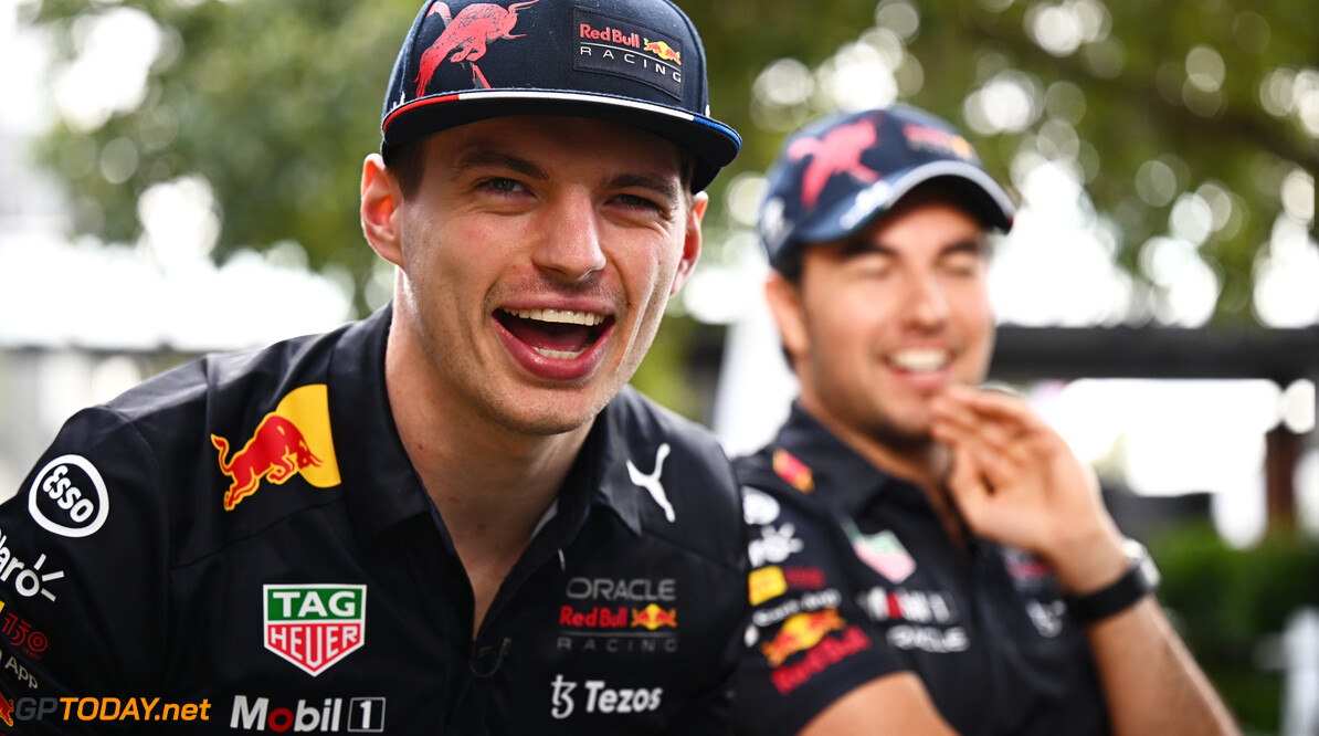 MELBOURNE, AUSTRALIA - APRIL 07: Max Verstappen of the Netherlands and Oracle Red Bull Racing laughs next to Sergio Perez of Mexico and Oracle Red Bull Racing in the Paddock during previews ahead of the F1 Grand Prix of Australia at Melbourne Grand Prix Circuit on April 07, 2022 in Melbourne, Australia. (Photo by Clive Mason/Getty Images) // Getty Images / Red Bull Content Pool // SI202204070061 // Usage for editorial use only // 
F1 Grand Prix of Australia - Previews




SI202204070061