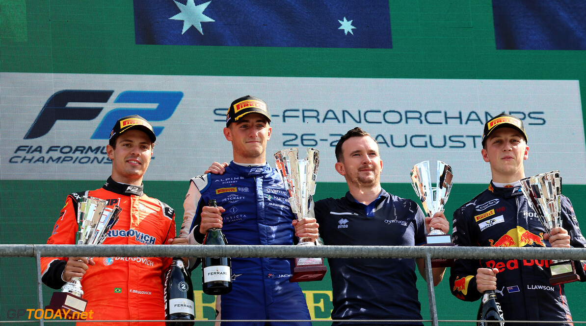 FIA Formula 2 Championship
The podium (L to R): Felipe Drugovich (BRA) MP Motorsport, second; Jack Doohan (AUS) Virtuosi Racing, race winner; Liam Lawson (NZL) Carlin, third.

28.08.2022. Formula 2 Championship, Rd 11, Feature Race, Spa-Francorchamps, Belgium, Sunday.

- www.xpbimages.com, EMail: requests@xpbimages.com Copyright: XPB Images
Motor Racing - FIA Formula 2 Championship - Sunday - Spa-Francorchamps, Belgium
xpbimages.com
Spa-Francorchamps
Belgium

Belgium Belgian Spa-Francorchamps Spa Francorchamps F2 Formula 2 Formula Two Sunday 28 8 08 2022 Portrait Winner  Victor Victory First Position First Place