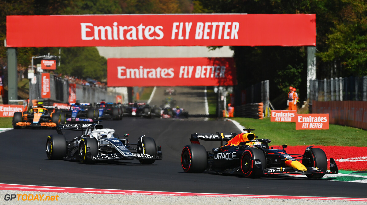 MONZA, ITALY - SEPTEMBER 11: Max Verstappen of the Netherlands driving the (1) Oracle Red Bull Racing RB18 leads Pierre Gasly of France driving the (10) Scuderia AlphaTauri AT03 during the F1 Grand Prix of Italy at Autodromo Nazionale Monza on September 11, 2022 in Monza, Italy. (Photo by Dan Mullan/Getty Images) // Getty Images / Red Bull Content Pool // SI202209110238 // Usage for editorial use only // 
F1 Grand Prix of Italy




SI202209110238