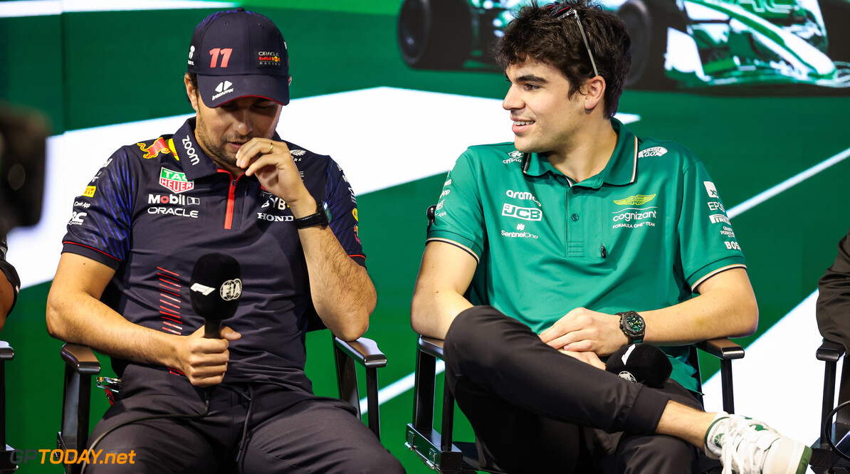 Formula One World Championship
(L to R): Sergio Perez (MEX) Red Bull Racing with Lance Stroll (CDN) Aston Martin F1 Team in the FIA Press Conference.

16.03.2023. Formula 1 World Championship, Rd 2, Saudi Arabian Grand Prix, Jeddah, Saudi Arabia, Preparation Day.

- www.xpbimages.com, EMail: requests@xpbimages.com (C) Copyright: XPB Images
Motor Racing - Formula One World Championship - Saudi Arabian Grand Prix - Preparation Day - Jeddah, Saudi Arabia
XPB Images
Jeddah
Saudi Arabia