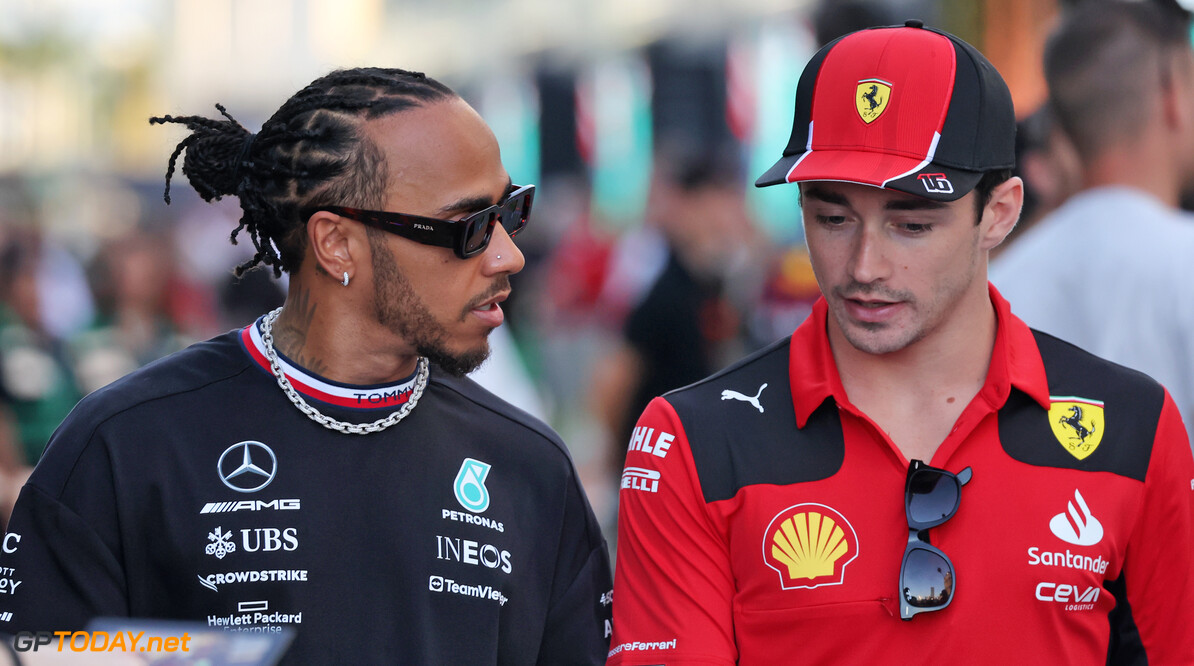 Formula One World Championship
(L to R): Lewis Hamilton (GBR) Mercedes AMG F1 with Charles Leclerc (MON) Ferrari.

16.03.2023. Formula 1 World Championship, Rd 2, Saudi Arabian Grand Prix, Jeddah, Saudi Arabia, Preparation Day.

- www.xpbimages.com, EMail: requests@xpbimages.com (C) Copyright: Bearne / XPB Images
Motor Racing - Formula One World Championship - Saudi Arabian Grand Prix - Preparation Day - Jeddah, Saudi Arabia
XPB Images
Jeddah
Saudi Arabia