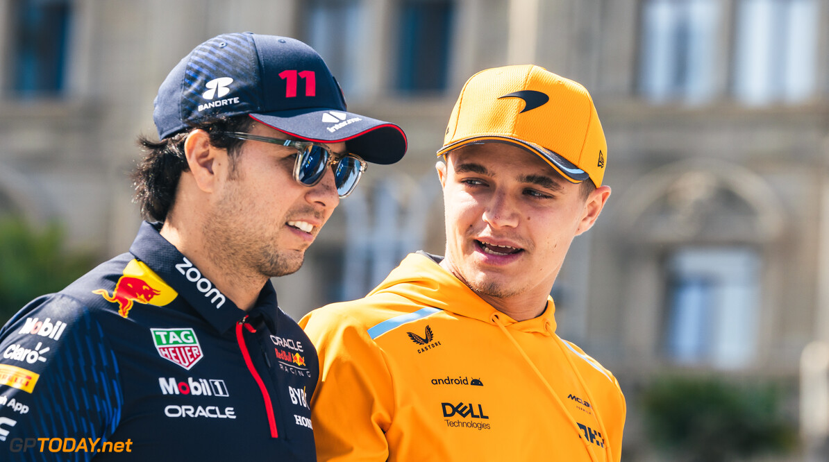 Formula One World Championship
(L to R): Sergio Perez (MEX) Red Bull Racing with Lando Norris (GBR) McLaren.

27.04.2023. Formula 1 World Championship, Rd 4, Azerbaijan Grand Prix, Baku Street Circuit, Azerbaijan, Preparation Day.

- www.xpbimages.com, EMail: requests@xpbimages.com (C) Copyright: Bearne / XPB Images
Motor Racing - Formula One World Championship - Azerbaijan Grand Prix - Preparation Day - Baku, Azerbaijan
XPB Images
Baku
Azerbaijan

Formel1 Formel F1 Formula 1 Formula1 GP Grand Prix one Thursday Circuit Baku Azerbaijan April 27 04 4 2023 Sergio Perez Sergio Perez Mendoza Checo Perez Checo Perez