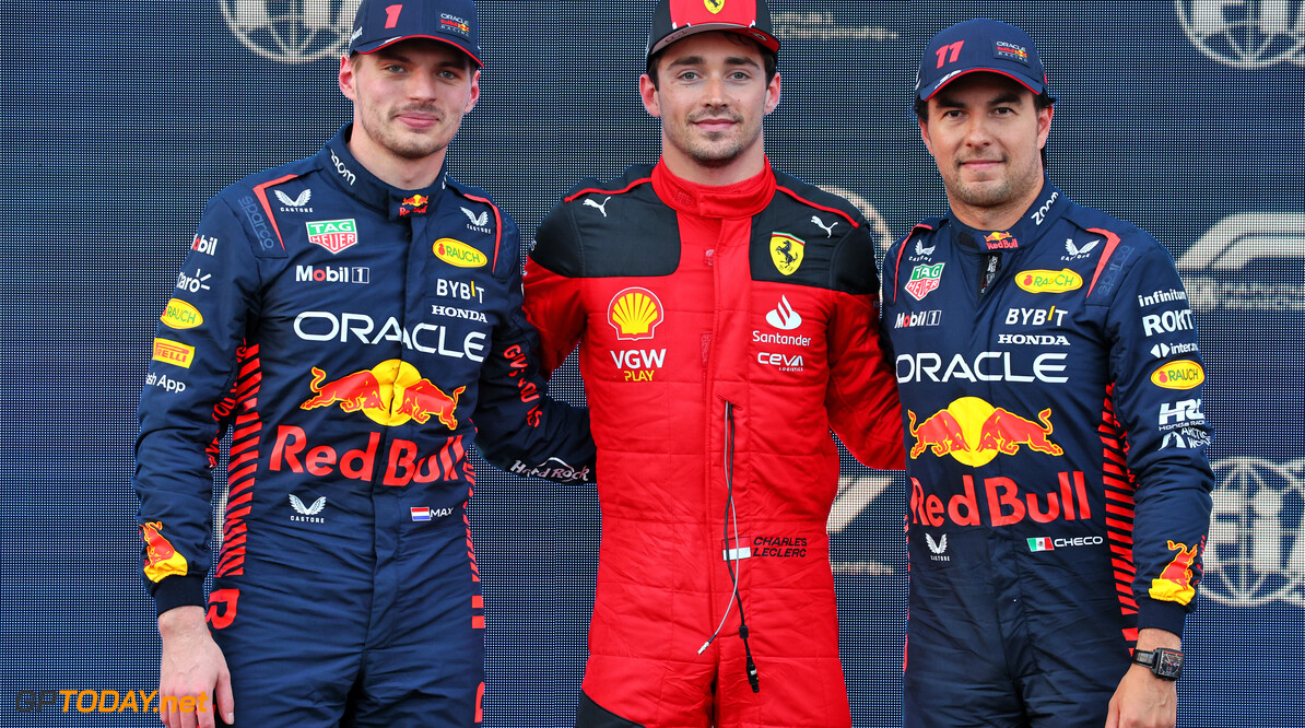 Formula One World Championship
Qualifying parc ferme top three (L to R): Max Verstappen (NLD) Red Bull Racing, second; Charles Leclerc (MON) Ferrari, pole position; Sergio Perez (MEX) Red Bull Racing, third.

28.04.2023. Formula 1 World Championship, Rd 4, Azerbaijan Grand Prix, Baku Street Circuit, Azerbaijan, Qualifying Day.

- www.xpbimages.com, EMail: requests@xpbimages.com (C) Copyright: Batchelor / XPB Images
Motor Racing - Formula One World Championship - Azerbaijan Grand Prix - Qualifying Day - Baku, Azerbaijan
XPB Images
Baku
Azerbaijan

Formel1 Formel F1 Formula 1 Formula1 GP Grand Prix one Circuit Baku Azerbaijan Friday April 28 04 4 2023 Portrait Sergio Perez Sergio Perez Mendoza Checo Perez Checo Perez Qualifying