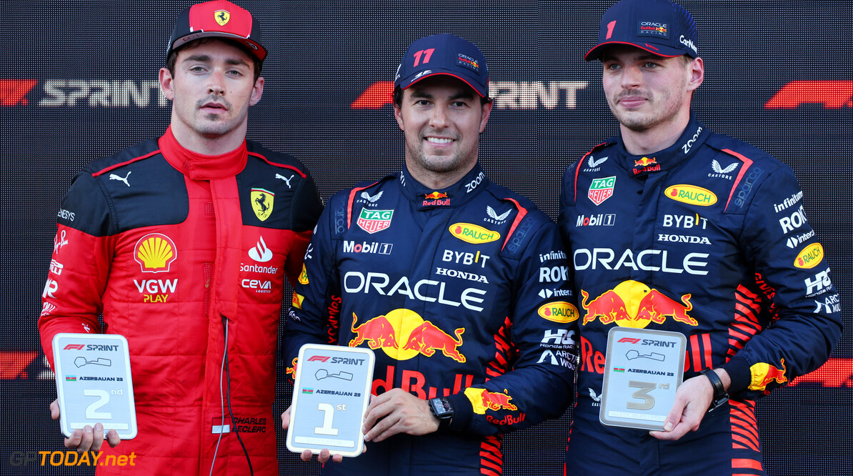 Formula One World Championship
Sprint race top three in parc ferme (L to R): Charles Leclerc (MON) Ferrari, second; Sergio Perez (MEX) Red Bull Racing, winner; Max Verstappen (NLD) Red Bull Racing, third.

29.04.2023. Formula 1 World Championship, Rd 4, Azerbaijan Grand Prix, Baku Street Circuit, Azerbaijan, Sprint Day.

- www.xpbimages.com, EMail: requests@xpbimages.com (C) Copyright: Batchelor / XPB Images
Motor Racing - Formula One World Championship - Azerbaijan Grand Prix - Sprint Day - Baku, Azerbaijan
XPB Images
Baku
Azerbaijan

Formel1 Formel F1 Formula 1 Formula1 GP Grand Prix one Circuit Baku Azerbaijan Saturday April 29 04 4 2023 Sprint Portrait Winner  Victor Victory First Position First Place Sergio Perez Sergio Perez Mendoza Checo Perez Checo Perez
