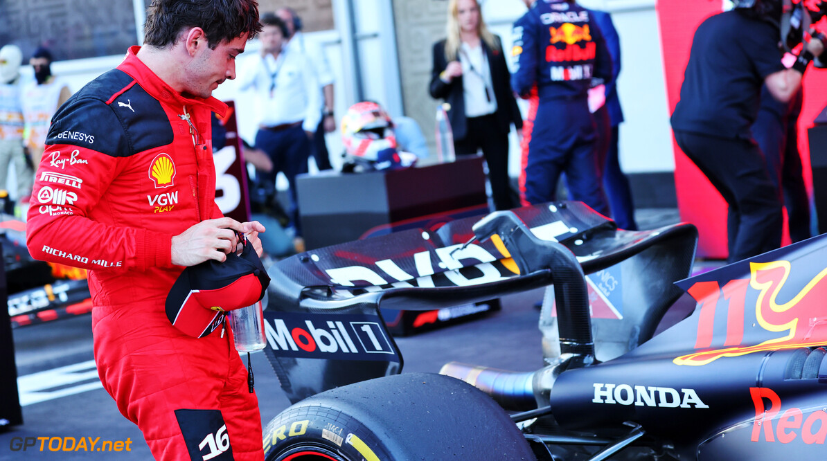 Formula One World Championship
Charles Leclerc (MON) Ferrari SF-23 looks at the Red Bull Racing RB19 of Sergio Perez (MEX) Red Bull Racing in parc ferme.

29.04.2023. Formula 1 World Championship, Rd 4, Azerbaijan Grand Prix, Baku Street Circuit, Azerbaijan, Sprint Day.

- www.xpbimages.com, EMail: requests@xpbimages.com (C) Copyright: Batchelor / XPB Images
Motor Racing - Formula One World Championship - Azerbaijan Grand Prix - Sprint Day - Baku, Azerbaijan
XPB Images
Baku
Azerbaijan

Formel1 Formel F1 Formula 1 Formula1 GP Grand Prix one Circuit Baku Azerbaijan Saturday April 29 04 4 2023 Sprint Portrait Sergio Perez Sergio Perez Mendoza Checo Perez Checo Perez