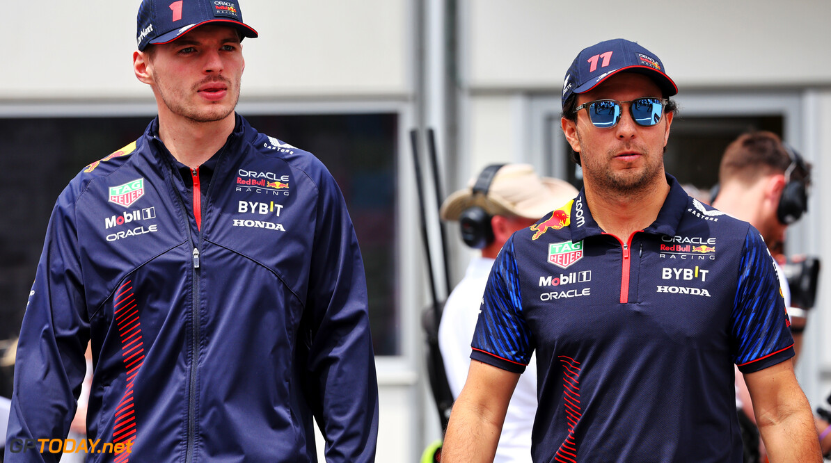 Formula One World Championship
(L to R): Max Verstappen (NLD) Red Bull Racing and Sergio Perez (MEX) Red Bull Racing on the drivers' parade.

30.04.2023. Formula 1 World Championship, Rd 4, Azerbaijan Grand Prix, Baku Street Circuit, Azerbaijan, Race Day.

- www.xpbimages.com, EMail: requests@xpbimages.com (C) Copyright: Batchelor / XPB Images
Motor Racing - Formula One World Championship - Azerbaijan Grand Prix - Race Day - Baku, Azerbaijan
XPB Images
Baku
Azerbaijan

Formel1 Formel F1 Formula 1 Formula1 GP Grand Prix one Circuit Baku Azerbaijan Sunday April 30 04 4 2023 Portrait Sergio Perez Sergio Perez Mendoza Checo Perez Checo Perez