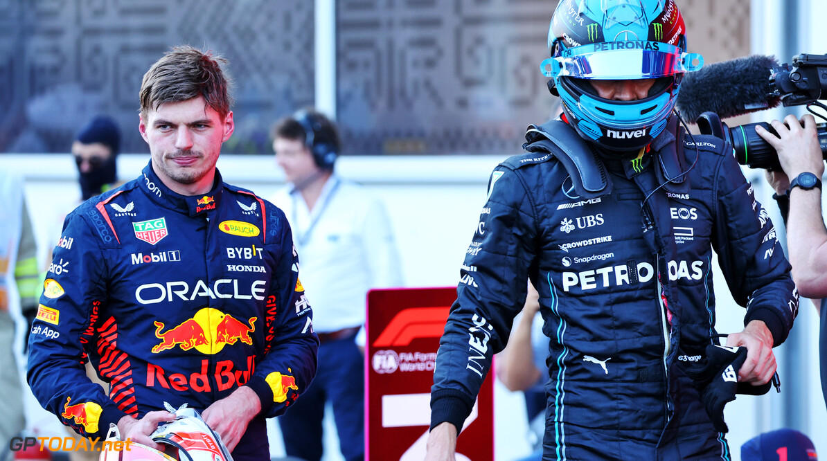 Formula One World Championship
(L to R): Max Verstappen (NLD) Red Bull Racing and George Russell (GBR) Mercedes AMG F1 discuss the Sprint race in parc ferme.

29.04.2023. Formula 1 World Championship, Rd 4, Azerbaijan Grand Prix, Baku Street Circuit, Azerbaijan, Sprint Day.

- www.xpbimages.com, EMail: requests@xpbimages.com (C) Copyright: Batchelor / XPB Images
Motor Racing - Formula One World Championship - Azerbaijan Grand Prix - Sprint Day - Baku, Azerbaijan
XPB Images
Baku
Azerbaijan

Formel1 Formel F1 Formula 1 Formula1 GP Grand Prix one Circuit Baku Azerbaijan Saturday April 29 04 4 2023 Sprint Portrait
