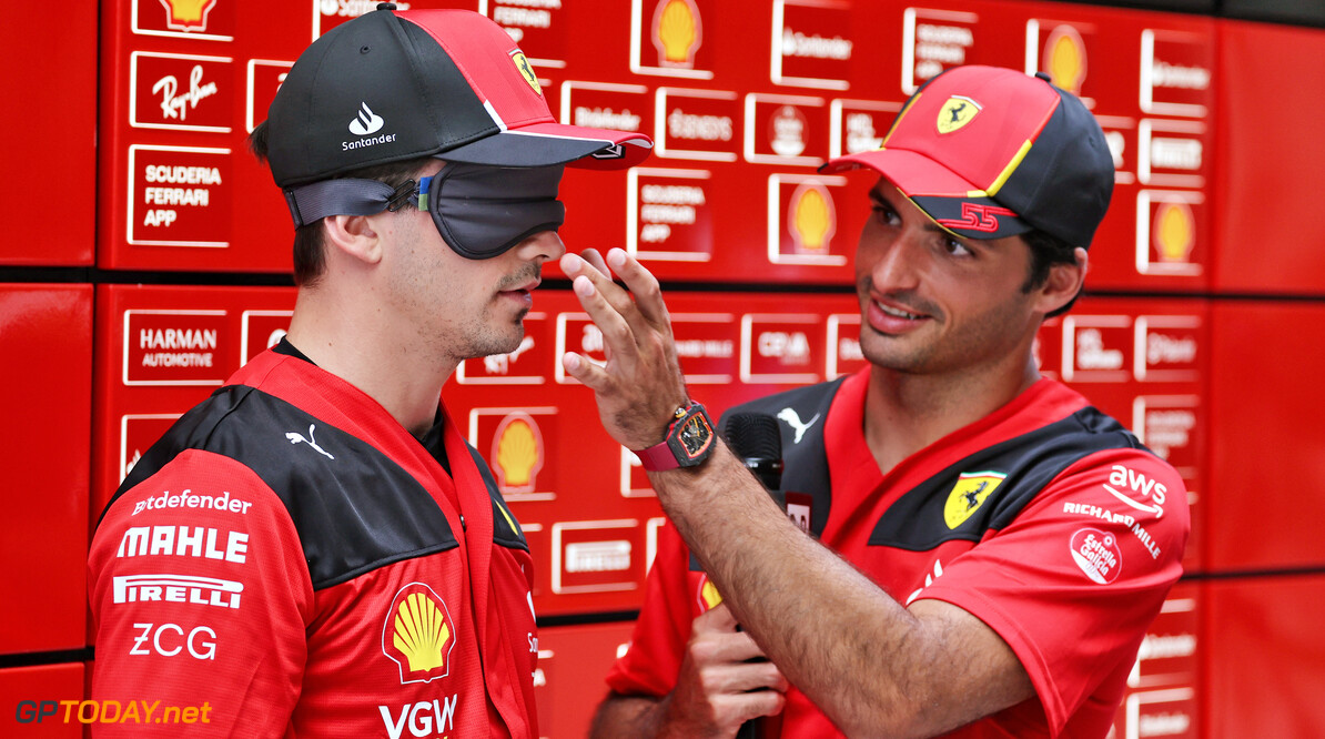 Formula One World Championship
(L to R): A blindfolded Charles Leclerc (MON) Ferrari with team mate Carlos Sainz Jr (ESP) Ferrari 

04.05.2023. Formula 1 World Championship, Rd 5, Miami Grand Prix, Miami, Florida, USA, Preparation Day.

- www.xpbimages.com, EMail: requests@xpbimages.com (C) Copyright: Moy / XPB Images
Motor Racing - Formula One World Championship - Miami Grand Prix - Preparation Day - Miami, USA
XPB Images
Miami
USA

Formel1 Formel F1 Formula 1 Formula1 GP Grand Prix one Miami International Autodrome Thursday Miami Gardens Florida USA United States of America May 04 04 05 5 2023 Jnr Junior Jnr. Jr.
