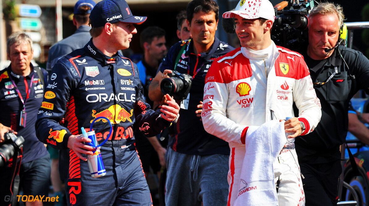 Formula One World Championship
(L to R): Pole sitter Max Verstappen (NLD) Red Bull Racing with third placed Charles Leclerc (MON) Ferrari in qualifying parc ferme.

27.05.2023. Formula 1 World Championship, Rd 7, Monaco Grand Prix, Monte Carlo, Monaco, Qualifying Day.

- www.xpbimages.com, EMail: requests@xpbimages.com (C) Copyright: Batchelor / XPB Images
Motor Racing - Formula One World Championship - Monaco Grand Prix - Qualifying Day - Monte Carlo, Monaco
XPB Images
Monaco
Monte Carlo

Formel1 Formel F1 Formula 1 Formula1 GP Grand Prix one May Monaco Monte Carlo Monte-Carlo Saturday 27 5 05 2023 Sprint Portrait
